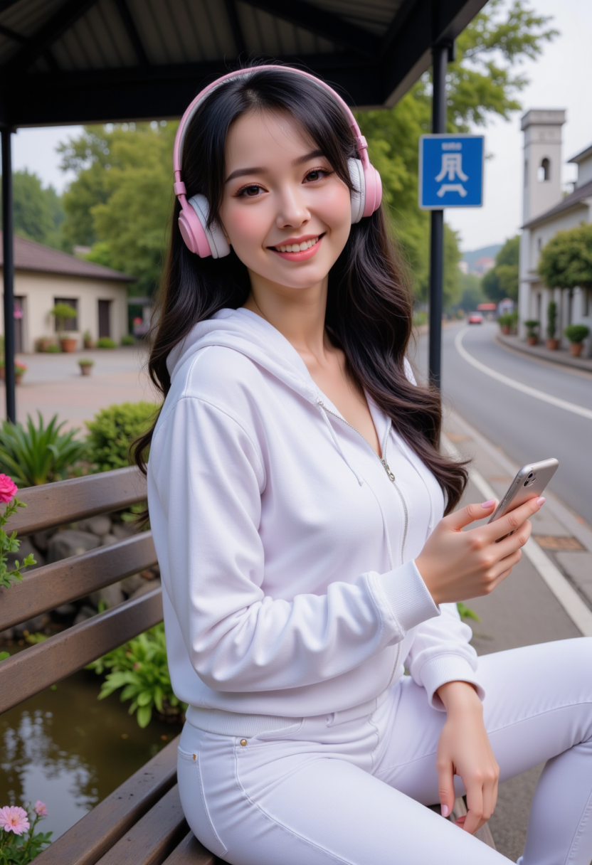 full body view, she is smiling, showing her smiling face,Hyperrealism, she is looking at the camera, (dynamic angles), profile headshots of a beautiful, stunning unique female character. her eyes are filled with joy and excitement, extravagant eyelashes. A photo of Nana_V3-000001, a woman,huge breasts, busty breasts, she is posing for the camera with a smile on her face. she is wearing pink and white headphones, listening to music on her iPhone, She is wearing a White Hoodie and white jeans, she is wearing pink and white shoes, dark hair, she is sitting on a bench at a covered bus stop, overlooking a beautiful pond, potted flowers line the street,  The girl is posing confidently. She is looking directly at the camera. making this image a masterpiece of photography and digital art. realistic. Style: realistic hyper-detailed rendering, 32k UHD, expressive eyes, punk, graphic design, girl's face, pretty and cute, gleaming lips, telling a tale of adventure. Exuding confidence and serenity. The overall mood of the image is happy and relaxed,detailed skin texture,(blush:0.2),(goosebumps:0.3),subsurface scattering,whimsical, retro50s_style, Niji style