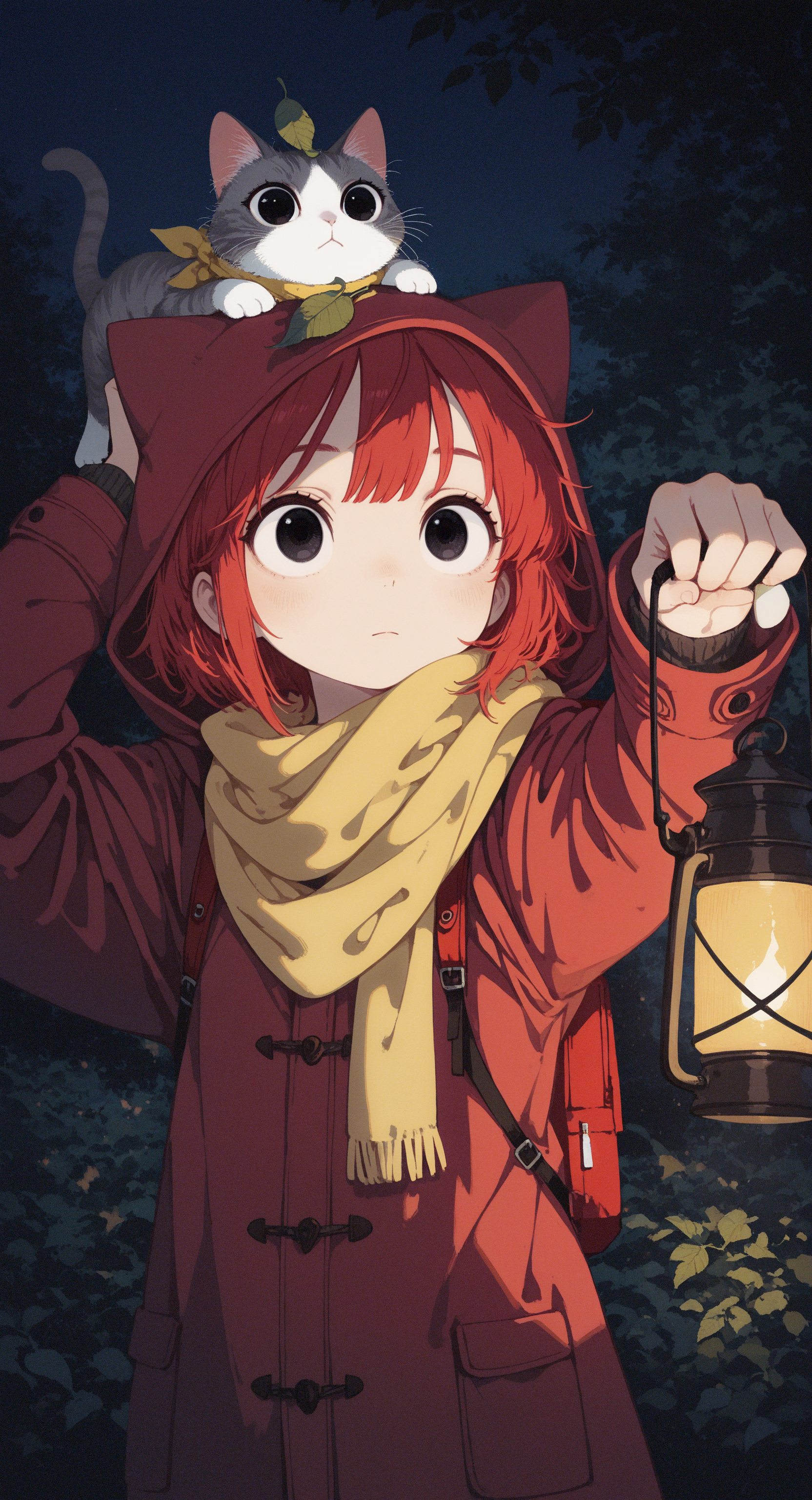 masterpiece,best quality,amazing quality, 1girl, solo, short hair, red hair, black eyes, long sleeves, closed mouth, jacket, hood, bag, scarf, coat, expressionless, animal, leaf, backpack, lantern, on head, red coat, yellow scarf, red bag, cat on head, holding lantern, upper body, outdoors, night, <lora:illustriousXL_stabilizer_v1.23:0.3> <lora:NOOB_vp1_detailer_by_volnovik_v1:0.3> <lora:ponyv6_noobE11_2_adamW-000017:0.3> <lora:mengxuanliart:0.6> <lora:veluflora-wai:0.75>