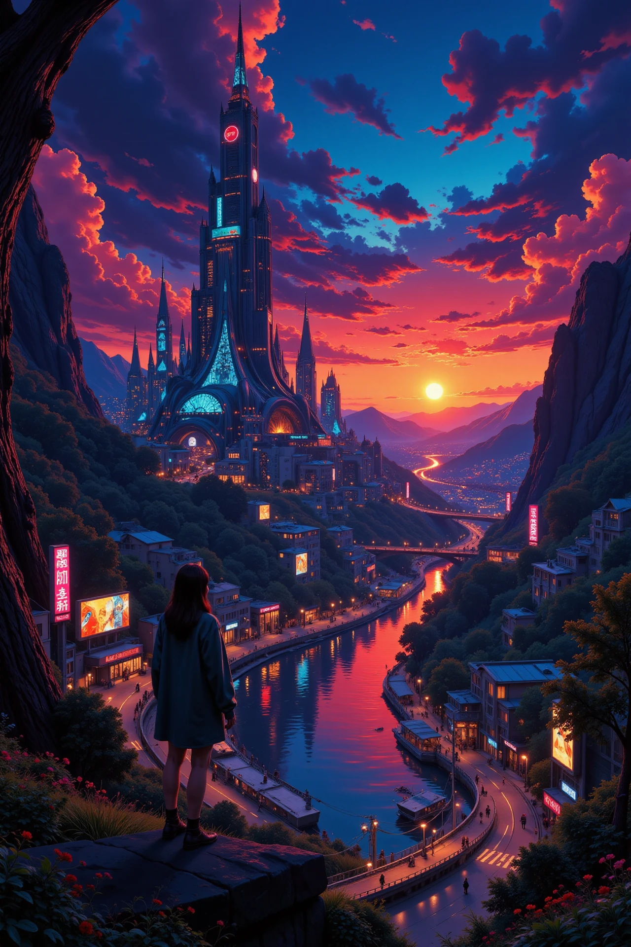 a futuristic sci-fi fantastic cyberpunk city beautiful  landscape, dusk, woman, very intricate, very detailed, sharp, bright, colorful, <lora:Hand v2:0.5> <lora:Anti-Blur:1><lora:Insane Detail Slider:0.25>  <lora:flux.1_lora_flyway_Epic-detail_v2:0.3> <lora:fluxenhancer:0.25> <lora:Anime_style:0.6> anime style