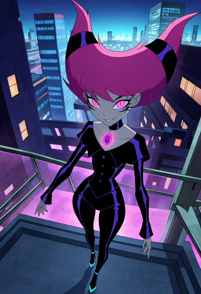 masterpiece, best quality, solo, curvy, beautiful eyes,  narrow waist, wide hips,  jnx, pink eyes, pink hair, grey skin, hair up, pale skin, medium hair, hair horns, short hair, colored skin, smile, looking at viewer,   ,       <lora:JinxTT_IXL:0.8>,   dynamic angle, foreshortening, close up, [Cyber Glam Skyline], Glowing dress, holographic heels, neon jewelry, chrome makeup, Standing on a rooftop against a vibrant futuristic skyline, immersed in sci-fi ambiance.