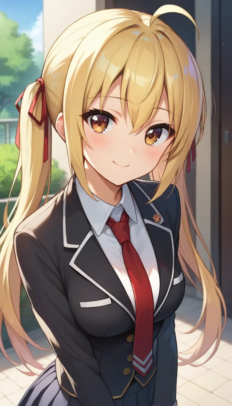 score_9,score_8_up,score_7_up,score_6_up BREAK official art,solo,outdoors,upper body,(portrait:1.5),looking at viewer,facing viewer,smile,blush,Makino Fuyu,ahoge,long hair,blonde hair,twintails,hair ribbon,red ribbon,hair between eyes,bangs,brown eyes,school uniform,black jacket,blazer,collared shirt,white shirt,red necktie,medium breasts,skindentation,long sleeves,black skirt,pleated skirt,zettai ryouiki,black thighhighs,loafers,<lora:Makino Fuyu(oc2)-Pony:1.4>,