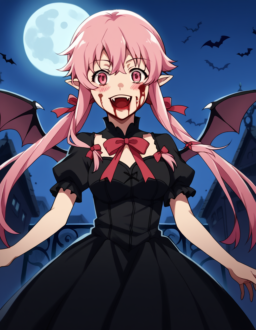 score_9, score_8_up, score_7_up, source_anime, <lora:yuno-gasai-s1-ponyxl-lora-nochekaiser:1>, yuno gasai, long hair, pink hair, pink eyes, sidelocks, ribbon, red ribbon, hair ribbon, twintails, medium breasts, <lora:vampire-ponyxl-lora-nochekaiser:1>, vampire, red eyes, pointy ears, fangs, black dress, wings, blood, blood on face, blood on mouth, bat (animal), halloween, halloween costume, upper teeth only, night, moon, blush, smile, open mouth, , dutch angle, cowboy shot