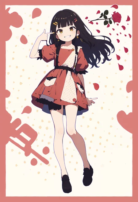 1girl,solo,mamyouda,ogipote,sy4,
happy,grin,blunt bangs,long hair,earrings,hairclip,puffy_detached_sleeves,short sleeves,full body,dynamic_angle,border,patterned background,polka dot,
<lora:boom finger gun_XL_bx-v1.03:1>,finger gun,rose,petals,
(masterpiece,best quality,absurdres),
