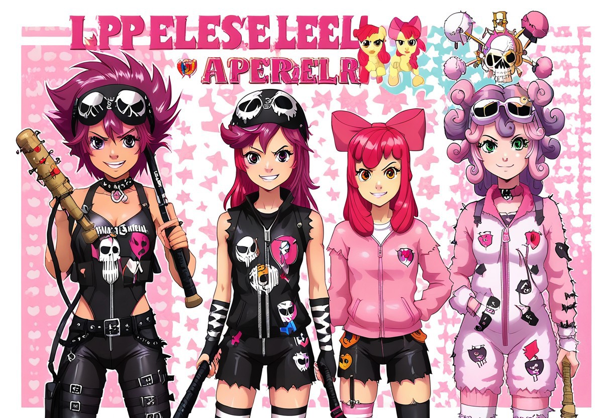 score_9, score_8_up, score_7_up, applebloom, sweetie belle, scootaloo, 3 girls, trio, biker clothes, black bandana with skulls,  spiky hair on scootaloo, puple onesie blue and pink stipes, pink star tatoo, pink onesie green stripes, human 18yo, balck onsie on applebloom with white stars, applebloom holding black spiked baseball bat, holding a molotov cocktail, holding a electric whip, looking menacing, perfect face, perfect hands,
General
 thighhighs 1.2), very fuzzy, (detailed background),