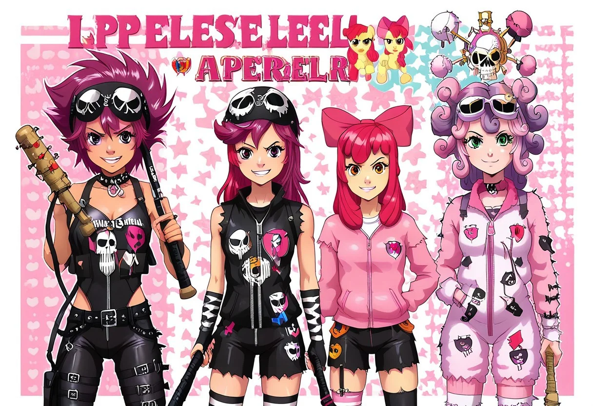 score_9, score_8_up, score_7_up, applebloom, sweetie belle, scootaloo, 3 girls, trio, biker clothes, black bandana with skulls, spiky hair on scootaloo, puple onesie blue and pink stipes, pink star tatoo, pink onesie green stripes, human 18yo, balck onsie on applebloom with white stars, applebloom holding black spiked baseball bat, holding a molotov cocktail, holding a electric whip, looking menacing, perfect face, perfect hands,
General
thighhighs 1.2), very fuzzy, (detailed background),