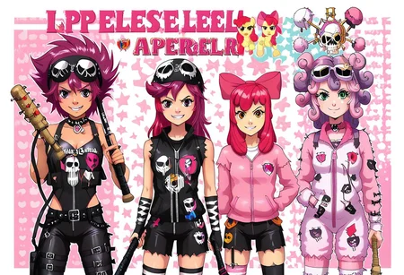 score_9, score_8_up, score_7_up, applebloom, sweetie belle, scootaloo, 3 girls, trio, biker clothes, black bandana with skulls,  spiky hair on scootaloo, puple onesie blue and pink stipes, pink star tatoo, pink onesie green stripes, human 18yo, balck onsie on applebloom with white stars, applebloom holding black spiked baseball bat, holding a molotov cocktail, holding a electric whip, looking menacing, perfect face, perfect hands,
General
 thighhighs 1.2), very fuzzy, (detailed background),