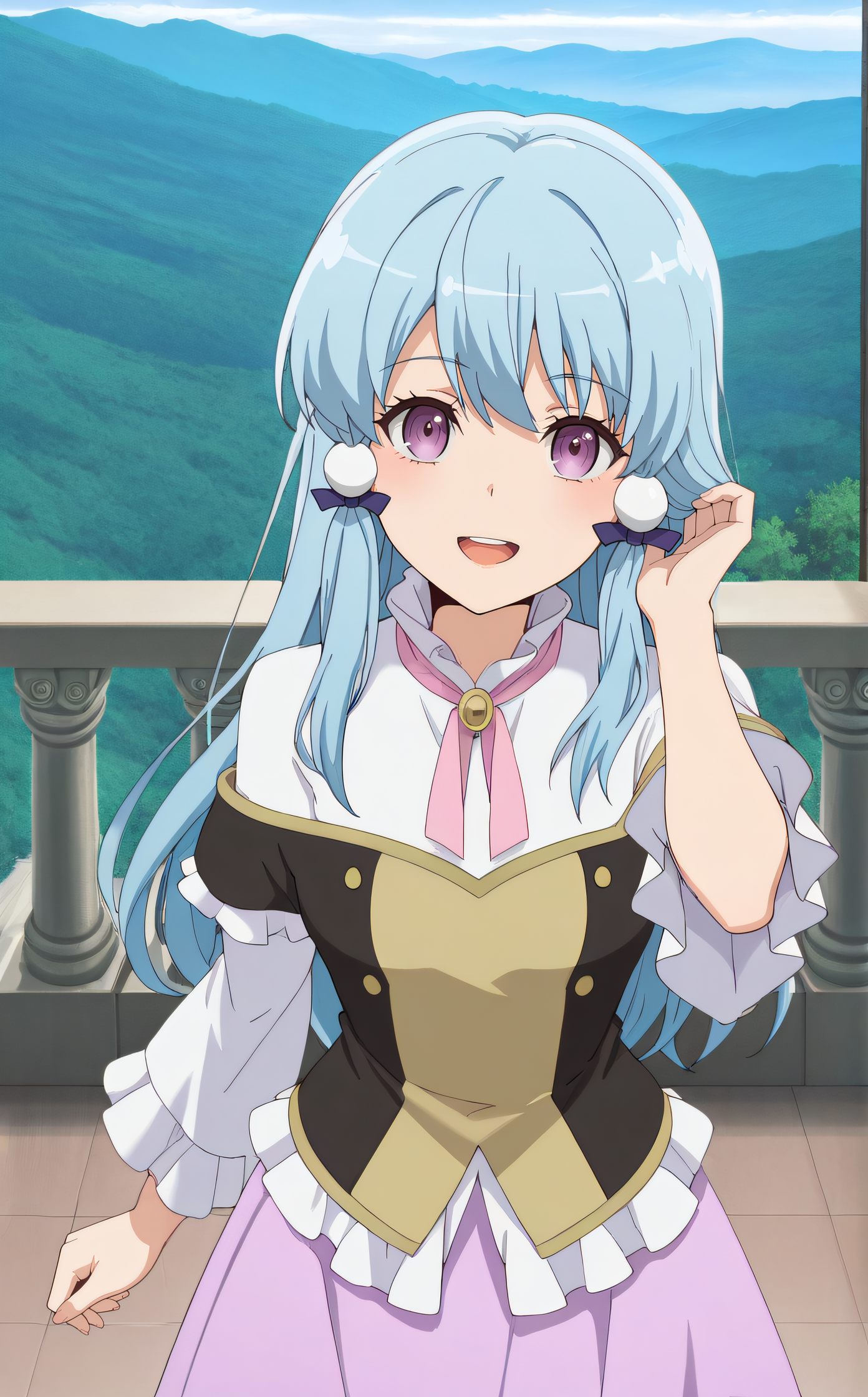 masterpiece, best quality, highres, scenery, newest, 1girl, solo, official style, <lora:Fiona_Urd_Aleglife:1>, fionaurd, blue hair, white ornament, dress, frills, pink_ribbon, vest, frilled sleeves, purple long skirt, looking at viewer, smile, indoor, upper body, upper teeth, open mouth, hand on hair, five fingers