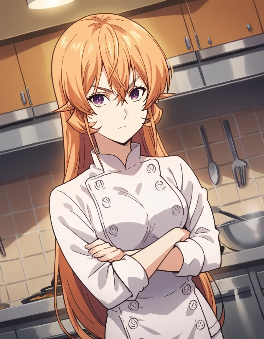 score_9, score_8_up, score_7_up, source_anime,
erinanakiri, <lora:erina-nakiri-s1-ponyxl-lora-nochekaiser:1>,
erina nakiri, long hair, orange hair, purple eyes, hair between eyes,
pants, white pants, chef, long sleeves, sleeves rolled up,
indoors, kitchen, crossed arms,
looking at viewer, cowboy shot, dutch angle, solo,
