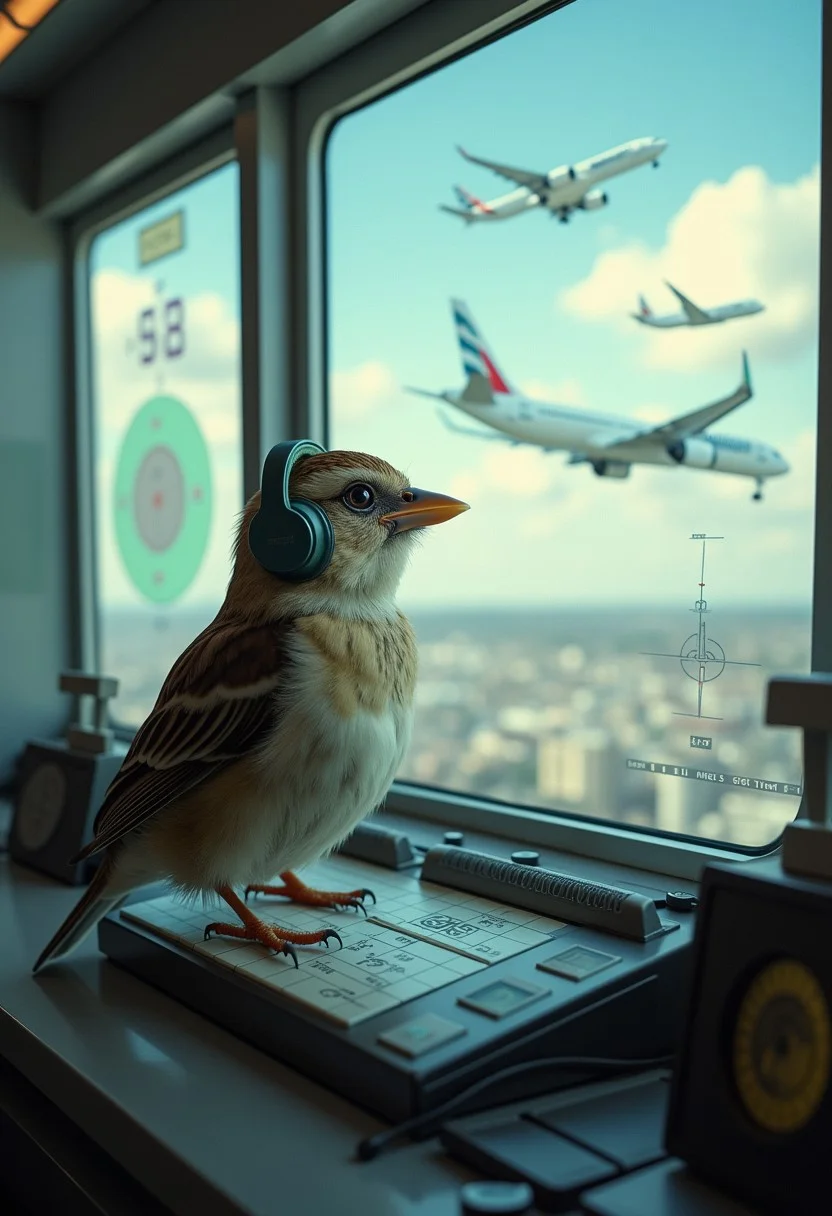 Create an image of a small sparrow perched inside an airport control tower, equipped with tiny headphones and a microphone, coordinating the landing and takeoff of airplanes. The sparrow keeps a watchful eye on a bright radar screen, emphasizing the whimsical role reversal.