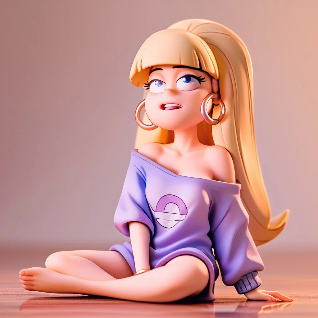 score_9, score_8_up, score_7_up, score_6_up, score_5_up, relatedguy, 1girls, Pacifica, blond hair, sitting on the floor, loose top, exposed shoulder, hoop earrings, solo