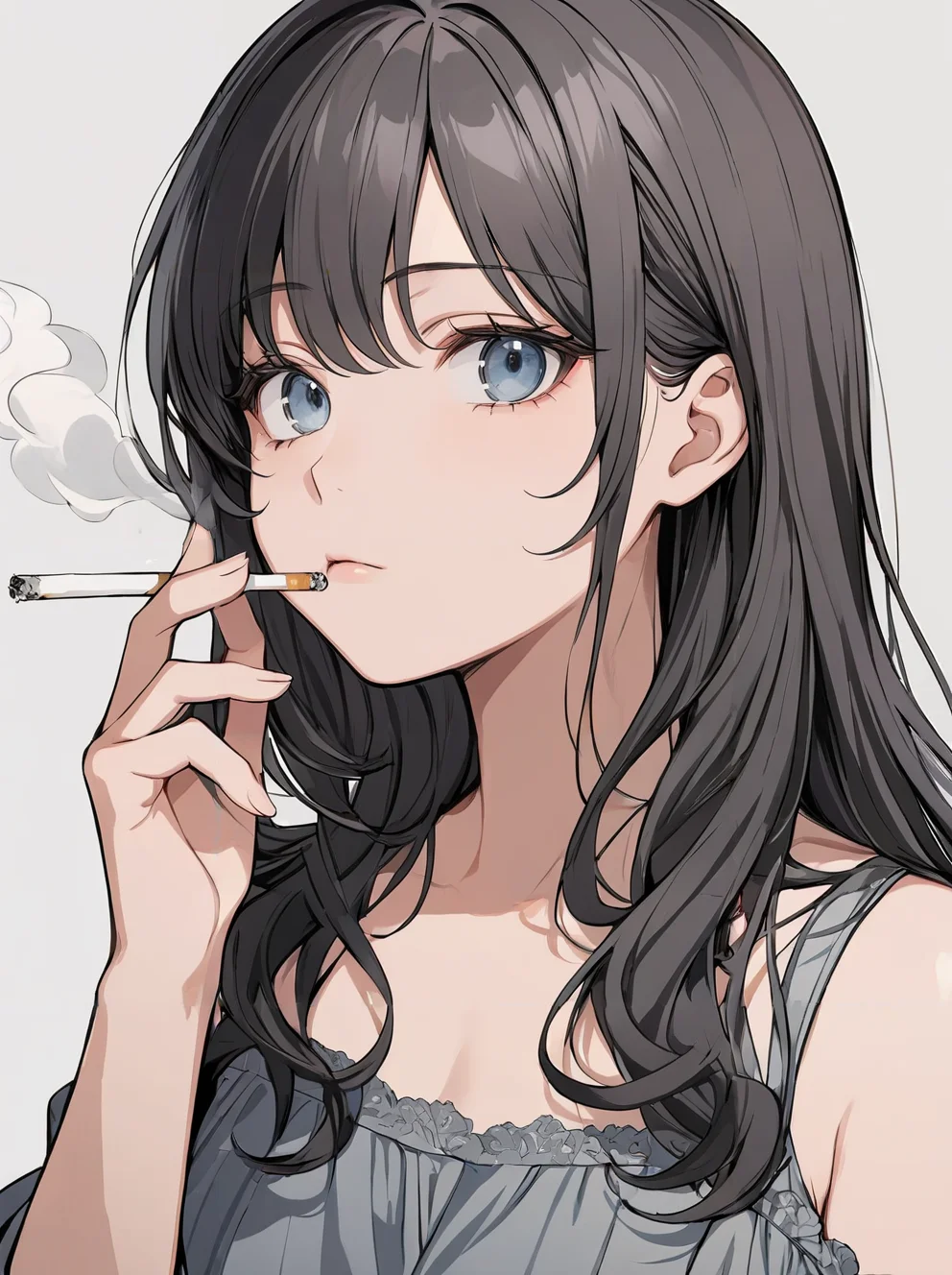 masterpiece,ultra-detailed,best quality,8K,illustration,cute face,clean skin ,shiny hair,girl,ultra-detailed-eyes,simple background, <lora:add-detail-xl:1> <lora:smoking_XL_V1.0:0.8> smoking, holding cigarette, smoke