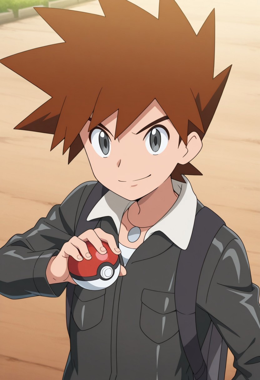 masterpiece,best quality,amazing quality, source_anime, 
shige_jou, 1boy, male focus, solo, grey eyes, brown hair, spiked hair, shirt, white shirt, collared jacket, jacket, black jacket, jewelry, necklace, smile, holding poke ball,
outdoor,