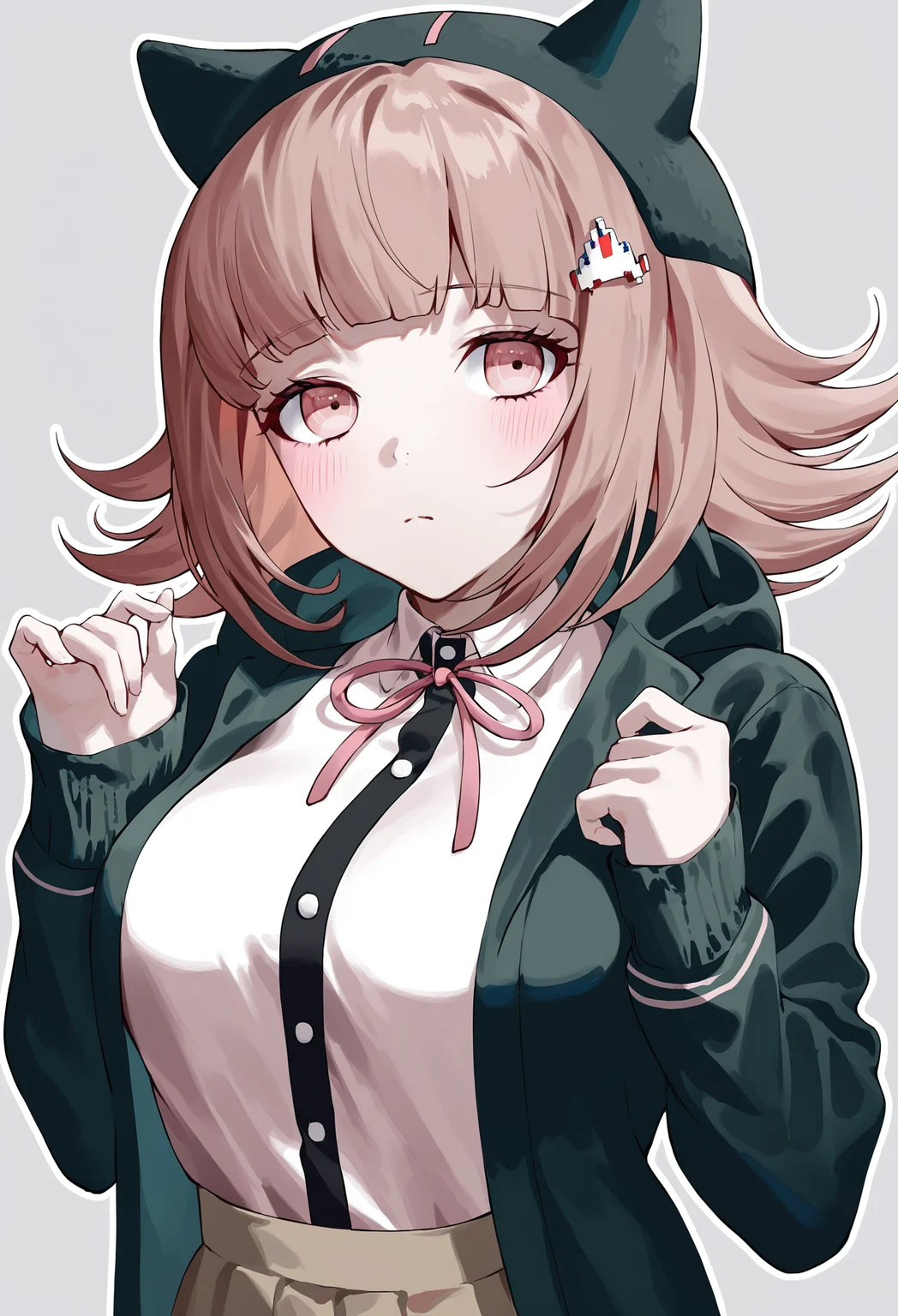 1girl, nanami chiaki, danganronpa \(series\), danganronpa 2: goodbye despair, galaga,
animal ears, black jacket, blunt bangs, blush, breasts, brown eyes, brown hair, cat ears, collared shirt, fake animal ears, frown, hair ornament, jacket, large breasts, long sleeves, looking at viewer, medium hair, neck ribbon, outline, pink ribbon, ribbon, shirt, shirt tucked in, simple background, solo, two-tone shirt, white outline, hood, grey background, hands up, pink eyes, ._., hood down, hairclip, dress shirt, black shirt, collarbone, closed mouth, upper body,
.
best quality, very aesthetic, absurdres
<lora:fajyoborefornoob:0.95>