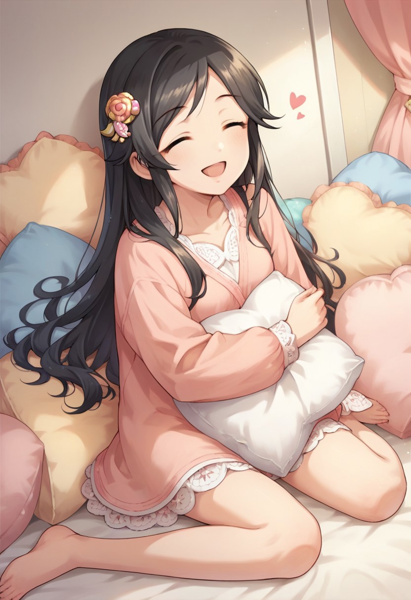 score_9, score_8_up, score_7_up, source_anime,momoi azuki, brown eyes, black hair, 1girl, closed eyes, long hair, solo, smile, hair ornament, pillow, open mouth, heart, barefoot, sitting, heart pillow