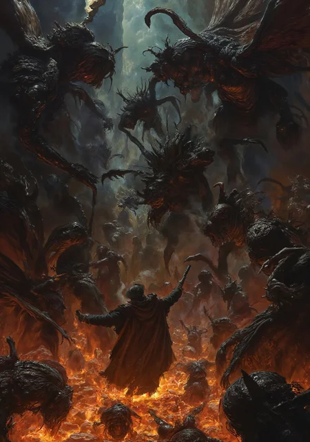 A male figure, mid-40s, European descent, wearing a brown, long coat and a dark, wide-brimmed hat, is depicted in dramatic confrontation. He holds a gun, and his expression is determined and aggressive. Dark, ominous creatures, resembling large, spiny insects, swarm around him. The creatures have sharp mandibles and long, spindly legs. The setting is a dimly lit, subterranean cave or dungeon, filled with thick smoke and an eerie, glowing orange-brown light emanating from the ground. The scene's atmosphere is dark, dangerous, and filled with tension. Dramatic lighting emphasizes the figure and the aggressive creatures. A detailed, painterly style with visible brushstrokes creates an intense mood of impending danger and struggle. The composition is dynamic, with the figure positioned centrally against the creatures, creating a sense of intense action. The color palette uses deep browns, greens, and muted oranges to amplify the darkness and menace. A perspective of intense close-quarters combat is depicted. Art style leans toward dark fantasy, possibly inspired by classic horror films or video game art.