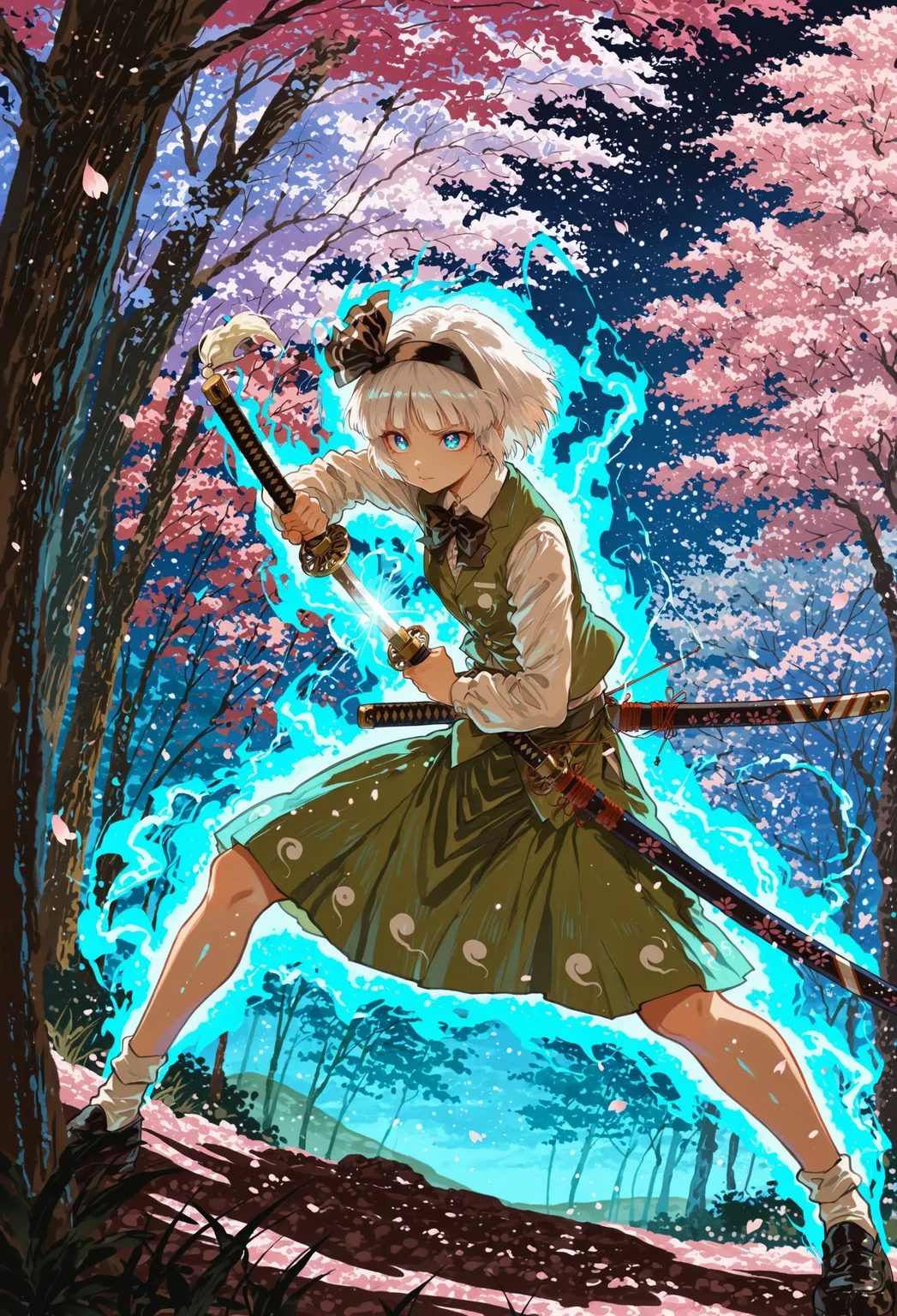 source_anime, high res image, masterpiece, perfect quality, best quality, newest, absurdres, scenic, highres, ultra detailed face, detailed eyes, accurate anatomy,
sdxl_lightning_4step_lora_rank1,
HDR,
solo, konpaku youmu, 1girl, solo, white hair, short hair, blunt bangs, blue eyes, hairband, hair ribbon, black ribbon, black bowtie, white shirt, collared shirt, green vest, green skirt, socks, beautiful face, beautiful eyes, detailed eyes, glossy lips, glossy hair, (full body:1.1), blue glowing aura body, accurate anatomy, ultra detailed face, ghost, 
katana, (detailed katana:1.2), sheath, drawing a katana, unsheathing a katana, (battoujutsu stance:1.1), dynamic pose, fighting stance, ready to draw,
night, shadows, higanbana field, cherry blossom tree,
vivid colors, high contrast, 
scenery focus