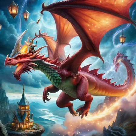 Fujifilm quality photograph (best quality)++, (masterpiece)++, (detailed)+, elf on the shelf fighting a Dragon, (fantasy illustration)1.3, enchanting Dragon battle elf on the shelf, mystical battle, (many gnomes battling)1.4 (whimsical charm).4 Otherworldly charm, mystical sky, (Luis Royo)1.2, (Yoshitaka Amano)1.1, moonlit night, soft colors, (detailed cloudscape)1.3, (high-resolution)1.2 (gnomes  battling everywhere)1.2 , <lora:DonM3t3rn1tyXL-v1.1:0.3> DonM3t3rn1tyXL <lora:DonMD1g174l4sc3nc10nXL:0.3> DonMD1g174l4sc3nc10nXL  <lora:Dragons:0.8> dragon  <lora:EnvyMagicalXL01:0.3> magical <lora:FantasyLandscape:0.8> FanLan
