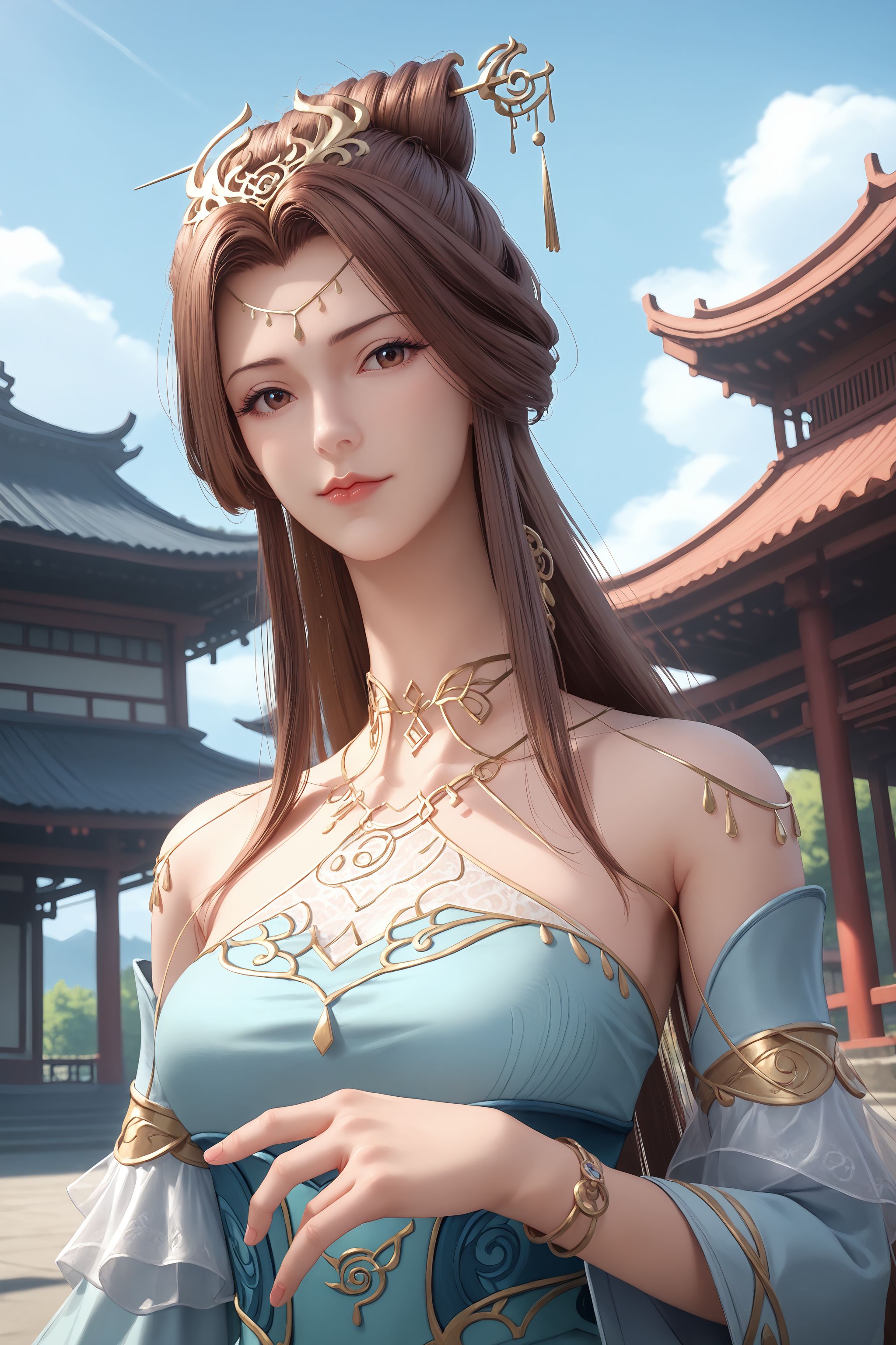 score_9, score_8_up, score_8, source_real,real skin, rating_explicit, ExpresiveH, best quality, unreal engine,game,cg, very aesthetic, CG, masterpiece, ultra high res, highres, More Details, high rating,Intricate and refined delicate details,  looking at viewer,
<lora:age_slider_v4:4>,
<lora:sulingyun:1>, 1girl, solo, long hair, dress, brown hair, hair ornament, upper body, detached sleeves, necklace,  bracelet, blue dress, jewelry, hair bun, bare shoulders, closed mouth, blue sky, sky, outdoors, east asian architecture,