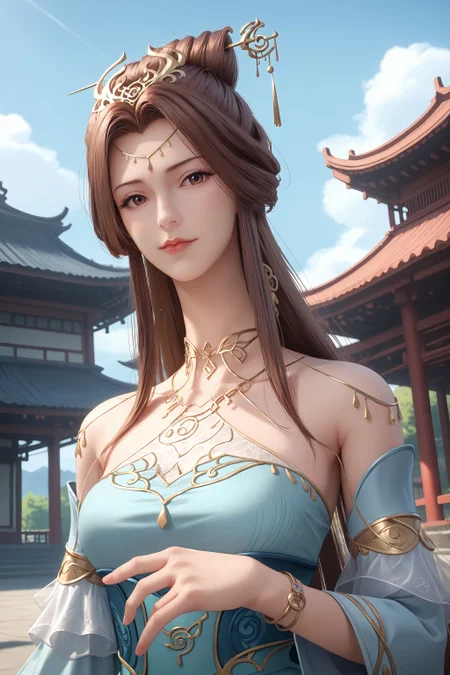 score_9, score_8_up, score_8, source_real,real skin, rating_explicit, ExpresiveH, best quality, unreal engine,game,cg, very aesthetic, CG, masterpiece, ultra high res, highres, More Details, high rating,Intricate and refined delicate details, looking at viewer,
<lora:age_slider_v4:4>,
<lora:sulingyun:1>, 1girl, solo, long hair, dress, brown hair, hair ornament, upper body, detached sleeves, necklace, bracelet, blue dress, jewelry, hair bun, bare shoulders, closed mouth, blue sky, sky, outdoors, east asian architecture,