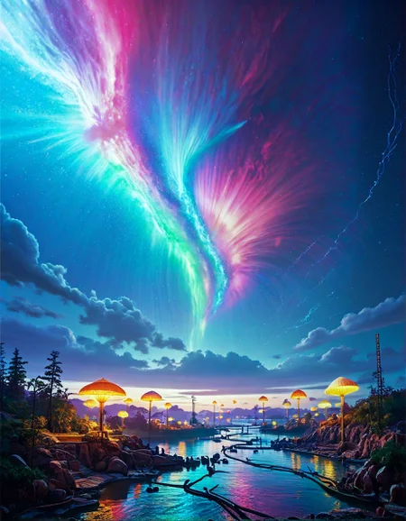 Sci-fi landscape
a dark, enchanted forest, with twisted trees, glowing mushrooms, eerie silence, and pathways that shift mysteriously,
vast expanse of open ocean stretching to the horizon, clear blue skies above and deep blue waters below ,
Radiation fog in river valleys,
a sunset cloudscape, with the sky painted in hues of orange and pink, clouds glowing softly as the day transitions to night,
Aurora-induced cyan/magenta gradients,
Spring cherry blossom bloom,
,
,
,
,
Cyberpunk: (neon lights), (rain-soaked streets), (holographic UI elements), (futuristic decay) :cite[6]
(masterpiece:1.4), (intricate details:1.4), (hyperrealistic:1.3),(painting:0.9),(ultra detailed:1.4), (8k resolution:1.3), (sharp focus), (dramatic perspective:1.1), (chromatic aberration:0.3), (film grain:0.2),
<lora:JuggerCineXL2:0.3>,
<lora:add-detail-xl:0.3>,
<lora:WildcardX-XL-Detail-Enhancer:0.4>,
<lora:xl_more_art-full_v1:0.7>,
<lora:ClassipeintXL2.1:0.3>,
<lora:Flux-XL_Scenery:0.3> flux-scenery ,
<lora:EnvyDramaticLightingXL01:0.7>
detailxl,