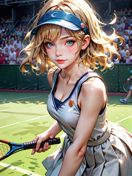 score_9,score_8_up,score_7_up,highly detailed,depth of field,high resolution,sharp focus,detailed skin,skin pores,detailed realistic photo,
one beautiful female,blonde hair,freckles,big smile,white skirt,pleated skirt,cleavage,white visor,swinging tennis racket,