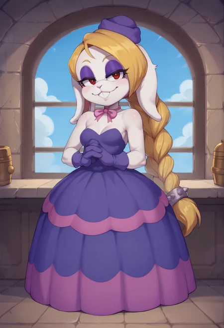 score_9,score_8_up,score_7_up BREAK high detail,good hands,perfect hands,<lora:Hariet_(Mario)_Pony>,1girl,solo,hariet \(mario\),defhariet,purple fascinator,braided ponytail,small breasts,seductive smile,looking at viewer,closed mouth,indoors