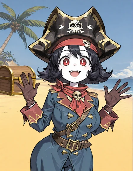 (2D,masterpiece,best quality,amazing quality, high resolution,looking at viewer,ultra-detailed,1 girl,solo,source_anime,cute,curvy,lovely,beach,palm tree),Vampire Fleet Captain,pale skin,open mouth,fang,smile,bicorne,red eyes,pale skin,cyan coat,leather belt,skull decorated pirate hat,glove,Shortstack,red bandana,red scarf,flipped hair,tareme,treasure chest,waving,<lora:Vampire_Fleet_Admiral:1> ,<lora:ValbunStyle-IL:0.7>