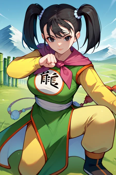 score_9, score_8_up, score_7_up, score_6_up, source_anime, BREAK 1girl, solo, <lora:dq3fighter-pdxl-nvwls-v1-000006:1> dq3fighter, black hair, twintails, black eyes, hair ornament, neckerchief, chinese clothes, green dress, yellow sleeves, long sleeves, yellow pants, upper body, big breasts, fighting stance, looking at you, standing on one leg, bamboo, mountain, field, light smile