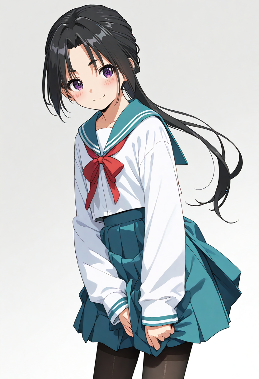 score_9, score_8_up, score_7_up, source_anime,
1boy, solo, 
<lora:Hyper-SDXL-8steps-lora:1> 
tokiyuki, crossdressing,blush,parted bangs, black hair, 
<lora:tokiyuki.pony:0.8>long hair, ponytail, smile, 
simple background, grey background, 
school uniform, serafuku, pantyhose, long sleeves,