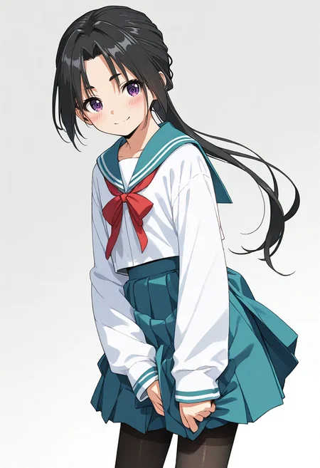score_9, score_8_up, score_7_up, source_anime,
1boy, solo,
<lora:Hyper-SDXL-8steps-lora:1>
tokiyuki, crossdressing,blush,parted bangs, black hair,
<lora:tokiyuki.pony:0.8>long hair, ponytail, smile,
simple background, grey background,
school uniform, serafuku, pantyhose, long sleeves,