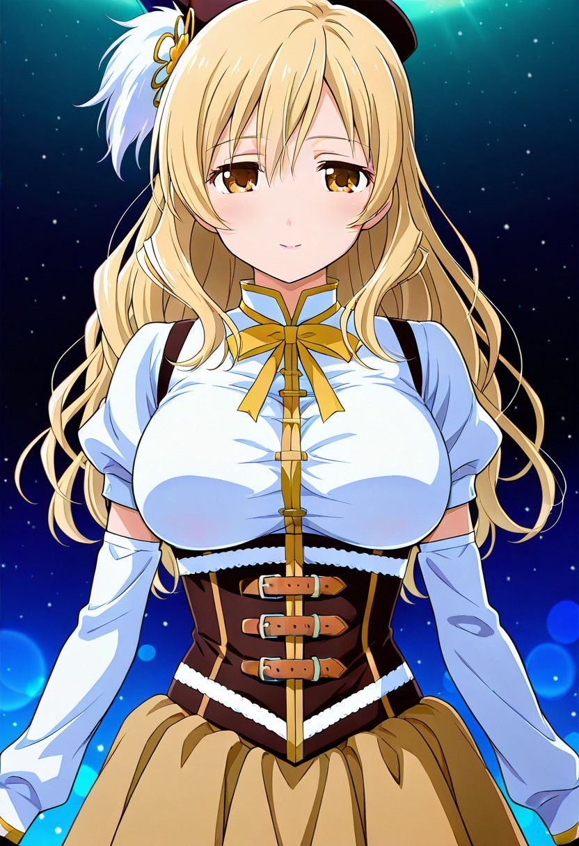 absurdres, best quality, masterpiece, amazing quality, highres, newest, detailed, source anime, anime coloring, beautiful, 
BREAK
1girl, solo, KijHyou, brown eyes, blonde hair, long hair,, wavy hair, light smile, light blush, looking at viewer,
BREAK
cosplay, tomoe mami