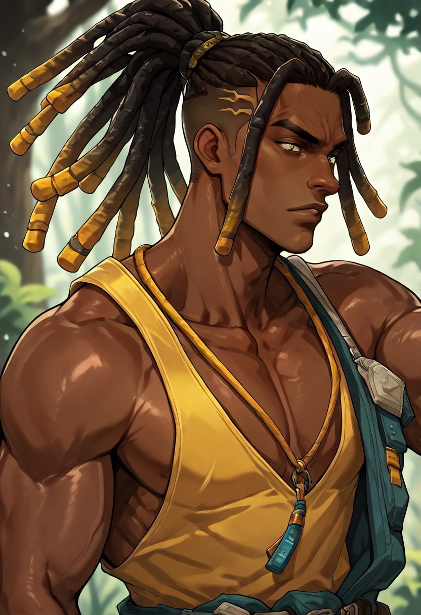 masterpiece, best quality, newest, absurdres, highres, FCMXV1.0, 1boy, DLPT-V1.0, dreadlocks, ponytail, tied hair, solo, male focus, dark-skinned male,
