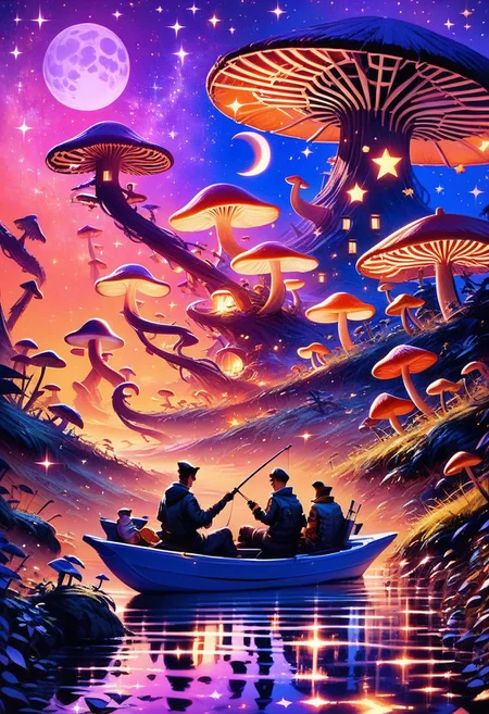 score_9, score_8_up, score_8, zPDXL,
BREAK,
scifi, sitting, outdoors, multiple boys, sky, 2boys, water, from behind, night, moon, star (sky), night sky, tentacles, starry sky, watercraft, mushroom, crescent moon, boat, fishing rod, fishing