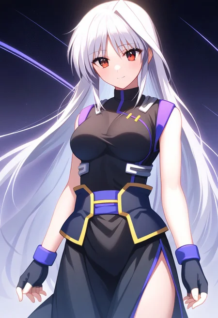 score_9, score_8_up, score_7_up, source_anime, 1girl, solo, Reinforce, long hair, white hair, single hair intake, red eye, long dress, black dress with purple trim, side slit, black gloves with purple trim, fingerless gloves, black corset with gold trim, sleeveless dress, bare shoulders, standing, smiling