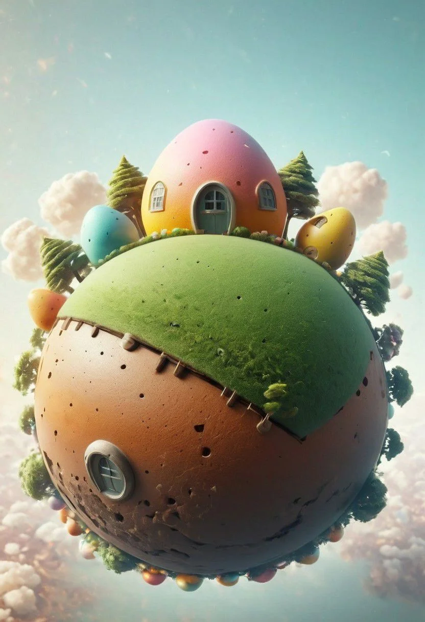 a floating colorful easter egg Planet floating in clear sky, little trees and Houses from bunnies are visible on the Planets surface, Happy and colorful,
,very detailed, raw photo, photorealistic, high detailed texture, 8k uhd, dslr, soft lighting, high quality, film grain, Fujifilm XT3, highly detailed photography, atmospheric haze, Film grain, cinematic film still, shallow depth of field, highly detailed, high budget, cinemascope, moody, epic, OverallDetail, gorgeous, 2000s vintage RAW photo, photorealistic, candid camera, color graded cinematic, eye catchlights, atmospheric lighting, skin pores, imperfections, natural, shallow dof