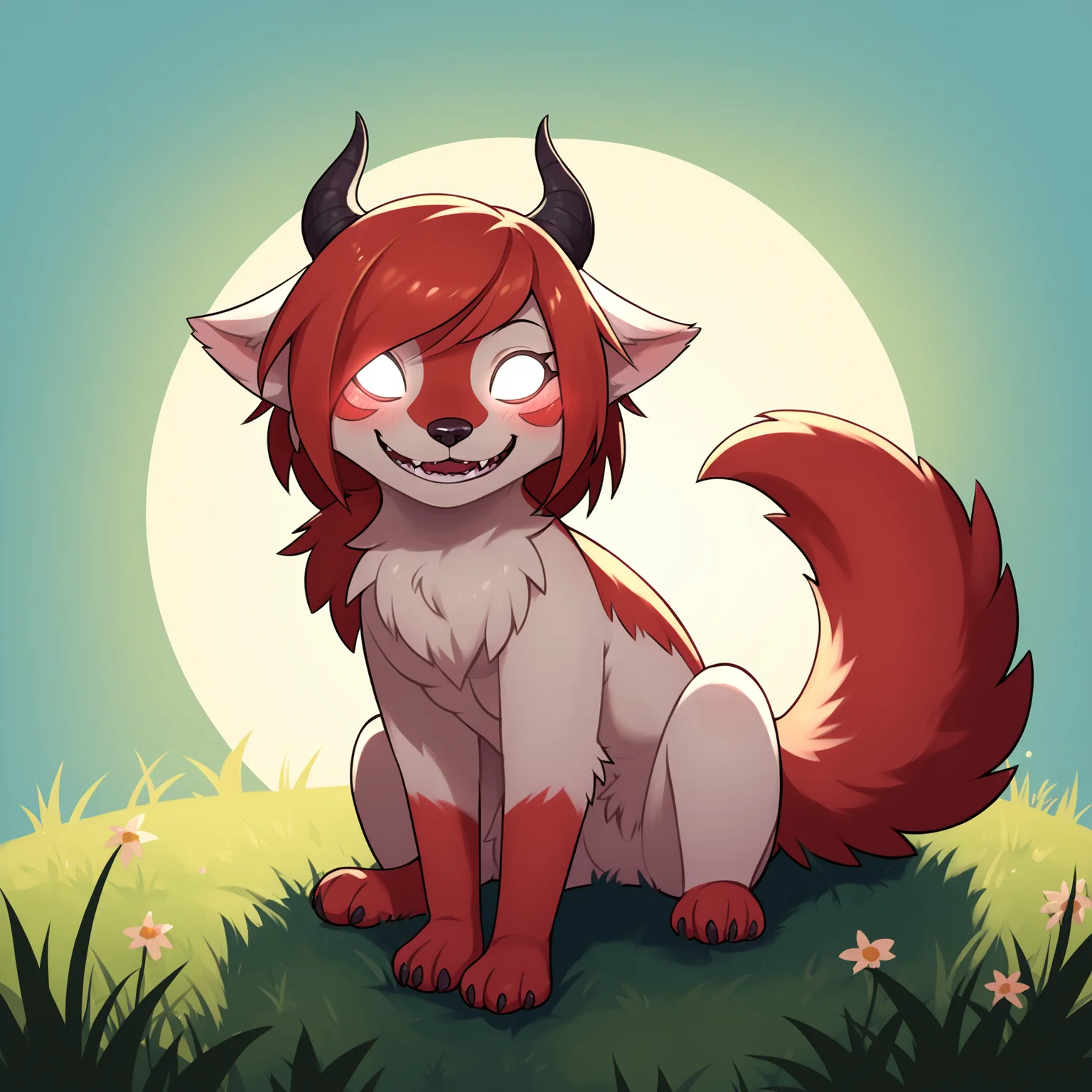 score_9, score_8_up, score_7_up, score_6_up, score_5_up, score_4_up, source_anime, furry, canine, detailed background, forest, lighting,side view, detailed fluffy fur, sitting, crossed legs, hands on waist
BREAK
1girl, solo, smileycindy, grinion, horns, , canid demon, no pupils, white fur, laugh, open mouth, teeth, , looking at viewer, blush, featureless crotch, featureless breasts, crotch tuft, tail, breast, , ,<lora:Smiley_Cindy-000009:1>
BREAK