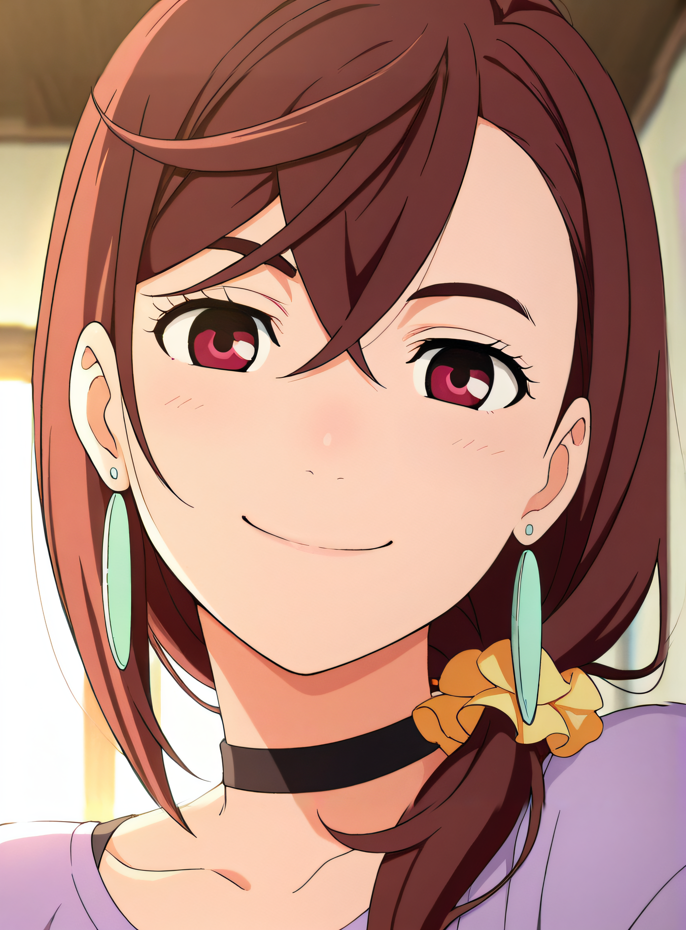 masterpiece, best quality, highres, newest, 1girl, solo, official style, anime screencap, <lora:Ayase_Momo:1>, momo, brown hair, red eyes, earrings, jewelry, choker, hair over shoulder, yellow scrunchie, purple shirt, upper body, smile, form above, looking at viewer