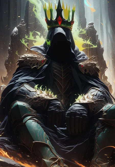 score_9, score_8_up, rating_safe,
a king sitting on the throne, hood, faceless, long hood, (wearing a crown), green flames surround him, mysterious, magic surround him, soul knight, darkness power, evil