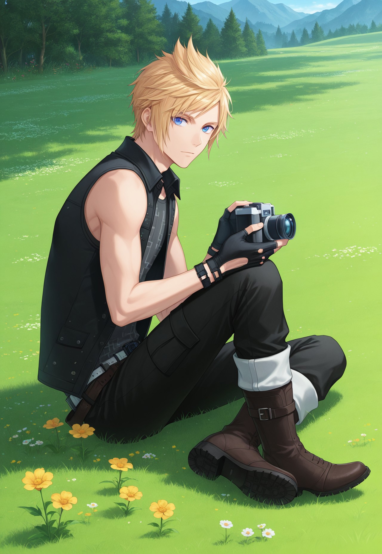 promptoFF, 1boy, solo, male focus, blonde hair, blue eyes, vest, shirt, fingerless gloves, pants, boots, camera, sitting on grass, flowers, looking at viewer, from side, sunny