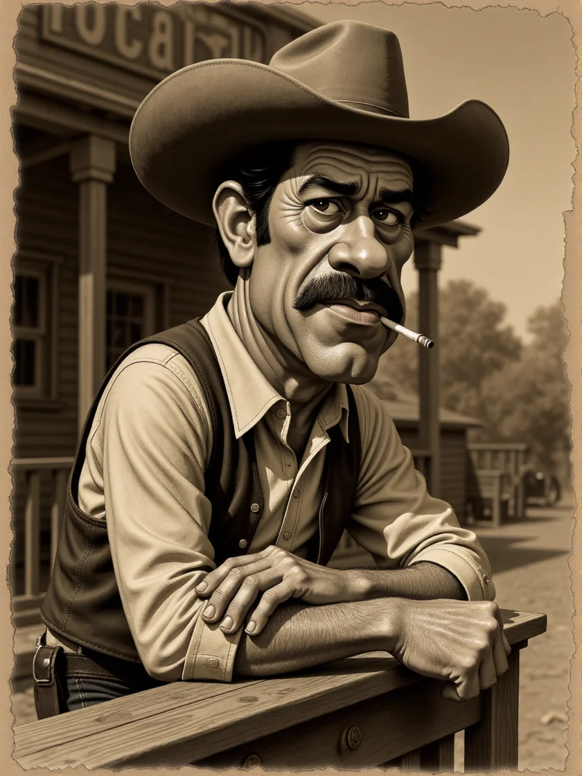 full-body caricature of an animated cowboy posing for an old sepia photo. He's leaning on a barrl with an elbow and has a calm expression. He has a cigarette in his mouth and long mustache, the rest of his face is shaved. Behind there's the facade of an old wooden saloon. The photo is scratched and stained with a torned and teared perimeter <lora:3d_caricature_Strong:0.9>