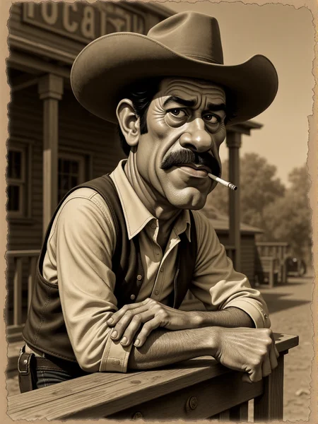 full-body caricature of an animated cowboy posing for an old sepia photo. He's leaning on a barrl with an elbow and has a calm expression. He has a cigarette in his mouth and long mustache, the rest of his face is shaved. Behind there's the facade of an old wooden saloon. The photo is scratched and stained with a torned and teared perimeter <lora:3d_caricature_Strong:0.9>
