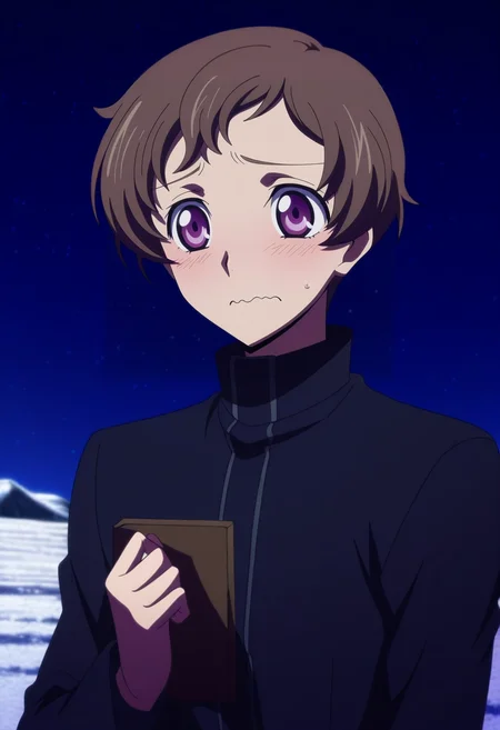 masterpiece, best quality, , anime screencap, anime coloring, official style,, 1boy, solo, male focus, <lora:rolo_lamperouge_ilxl:0.96>, rolo_lamperouge, brown hair, purple eyes, short hair, aged up, , rule of thirds, snowy field, dark, holding object, wavy mouth, closed mouth, ,
