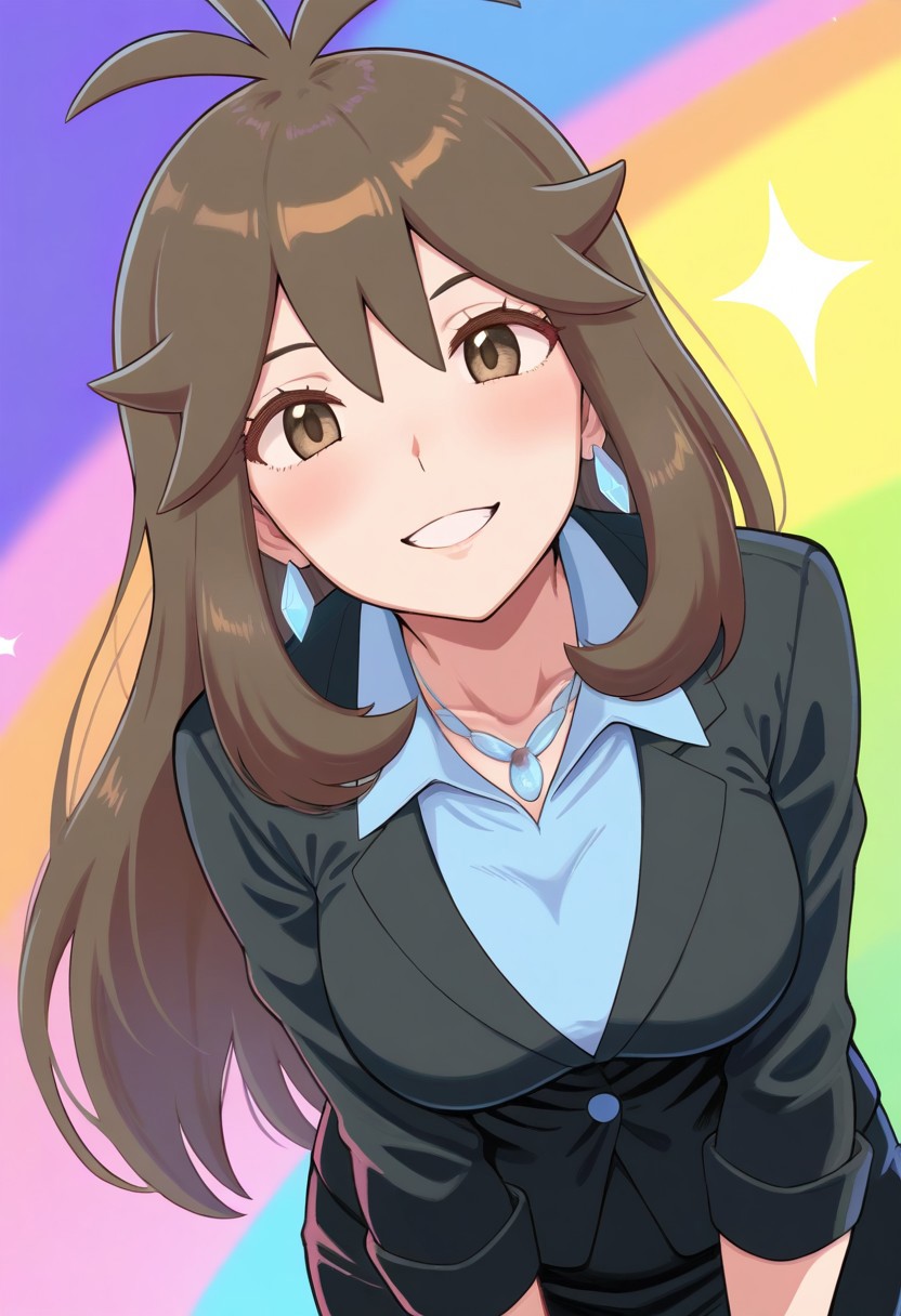 hinosaki, [[leveen]], 2d, masterpiece, best quality, amazing quality, 1girl, solo, close-up, standing, smile, upper body, leaning_forward, looking at viewer, multicolored background, sparkle, rainbow background, colorful background, lgpegreen, green \(pokemon\), brown eyes, eyelashes, long hair, bangs, brown hair, sidelocks, antenna hair, masterpiece, best quality, amazing quality, highres, absurdres, newest, adult body, mature female, grown up, medium breasts, office lady,black jacket, collared shirt, pencil skirt, black skirt, bracelet, necklace, earrings