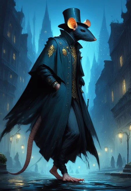BREAK score_9, score_8_up, score_7_up, night time, city, ominous, rat, top hat, cloak, smug, hands in pockets, gold ring, pocket watch, walking cane, full body shot, (one tail: 1.3)
(masterpiece, best quality, ultra detailed, intricate details:1.2), (detailed face:1.1), (rat folk:1.5) <lora:RPGRatFolkXL:1>