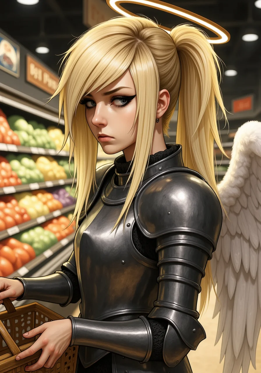 She has a distinctive 2000s scene/emo haircut: thick, sharply angled bangs that sweep across one eye, with long layered strands and long sidelocks that drape in front of her shoulders. Her eyes are framed by bold black winged eyeliner.blonde young woman female angel with large wings and halo with innocent face, annoyed look on face, wearing knight's plate armor, holding a shopping basket, examining the prices in a grocery store, from side, ponytail with bangs, full body,<lora:2000s_Scene_Emo_Hair.safetensors:1.0:1.0>