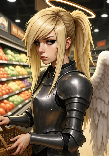 She has a distinctive 2000s scene/emo haircut: thick, sharply angled bangs that sweep across one eye, with long layered strands and long sidelocks that drape in front of her shoulders. Her eyes are framed by bold black winged eyeliner.blonde young woman female angel with large wings and halo with innocent face, annoyed look on face, wearing knight's plate armor, holding a shopping basket, examining the prices in a grocery store, from side, ponytail with bangs, full body,<lora:2000s_Scene_Emo_Hair.safetensors:1.0:1.0>
