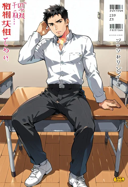 safe_pos, (Aaaild, Aaadjd, manga cover, magazine cover, text) source_anime, safe_pos, perfect anatomy, perfect proportions, best quality, masterpiece, high_resolution, high quality, solo focus, male focus, male only, bara, gay, homo, mature, masculine, manly, virile, macho, hunky, rugged, beefy, handsome, alluring, seductive, heroic, serious, grim, stern, unsociability, bluntness, gruffness, naughty face, moaning, dazed, looking away, focusing gaze, BREAK (asian man, dark eyes, black hair, sideburns, facial hair, thin stubble), BREAK (gakuran, black gakuran, black pants, white socks), BREAK sitting on desk, lying on back, relaxed pose, leaning slightly, one knee bent upward, legs spread, hand supporting head, contemplative expression, horny, kinky, domination, heavy breathing, enticed, excessively sweaty shiny skin, shading, countershading, indoors, classroom, wooden floor
