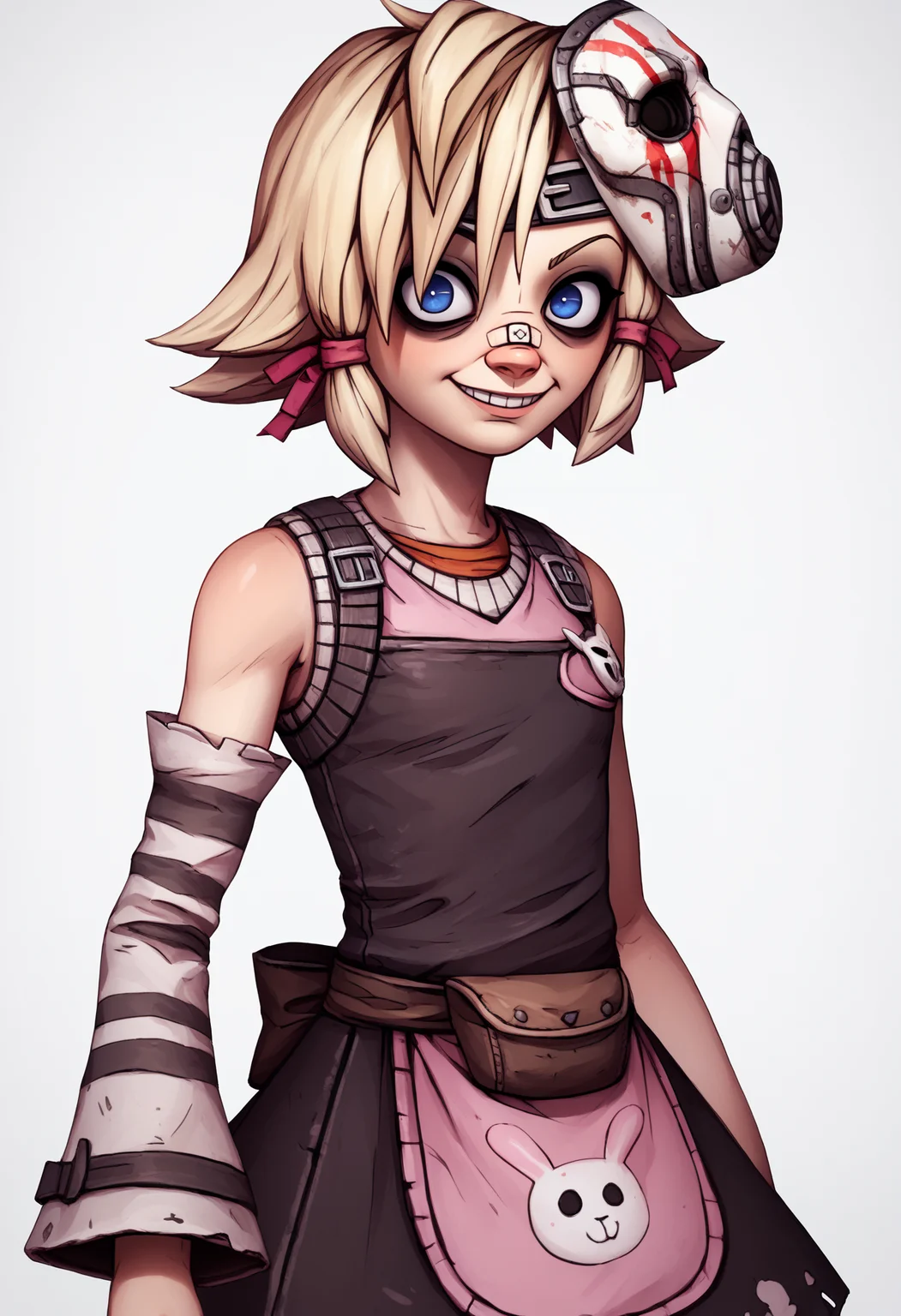 score_9, score_8_up, score_7_up, BREAK
1girl, tinytina, blonde hair, short hair, blue eyes, mask on head, bandaid on nose,
apron, boots, detached sleeves, pants,
evil smile, upper body, standing, looking at viewer, solo, simple background, white background <lora:TinyTinaXL:1> <lora:BorderlandsXL:1>
