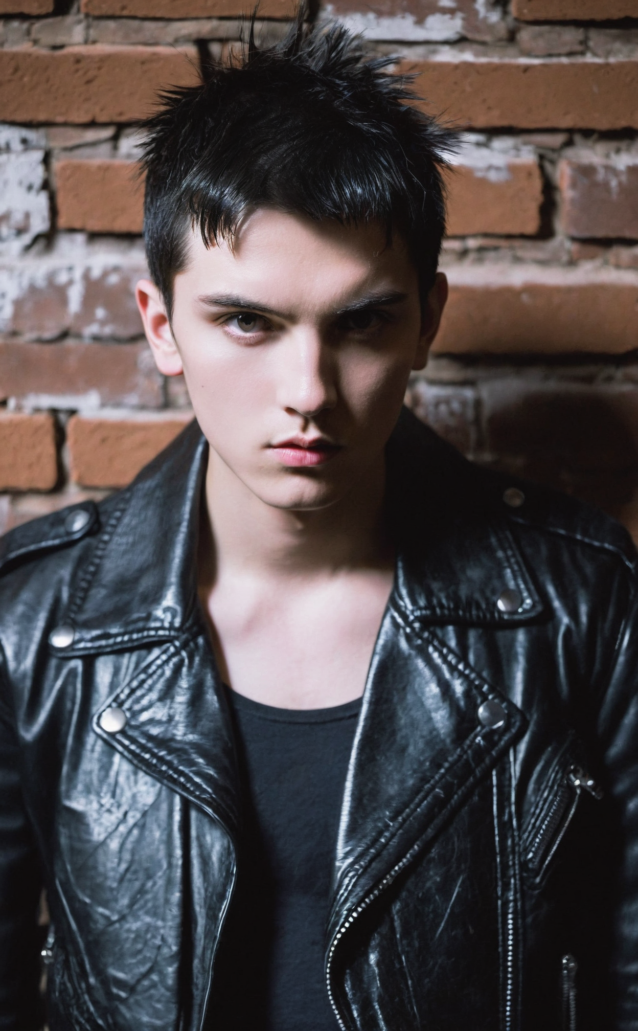 1boy,upper body,black cropped hair,looking at viewer,steely gray eyes,indoors,grunge brick wall background,black leather jacket,cool white lighting,chiseled features,intense gaze,modern rebel,