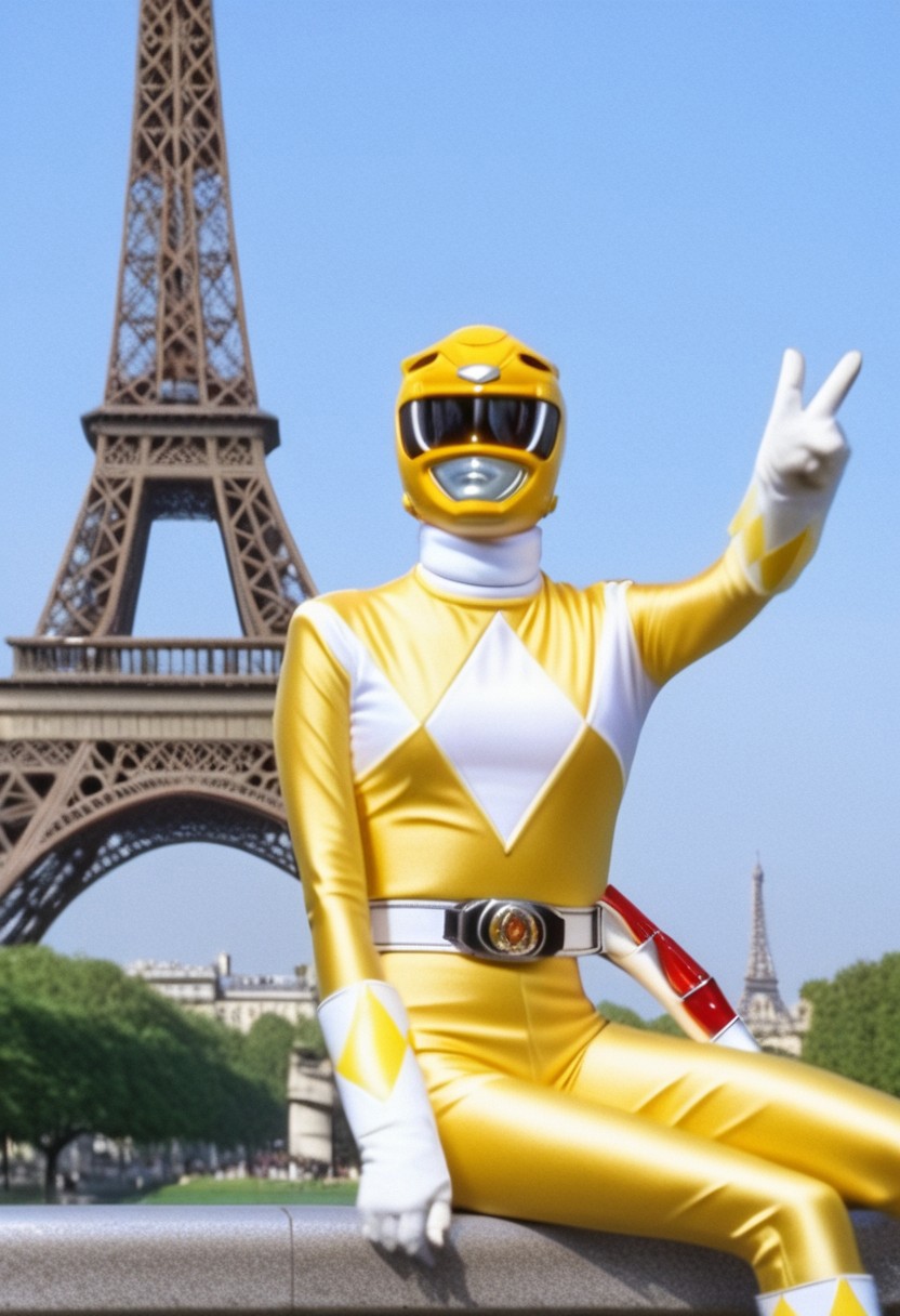 female yellow power ranger, morphed, helmet, uniform, white turtleneck collar, white gloves belt, holstered weapon, relaxed, sat on bench in front of single Eiffel Tower in Paris, summer day, legs crossed, making V-sign with both hands, facing camera, hyperdetailed photography